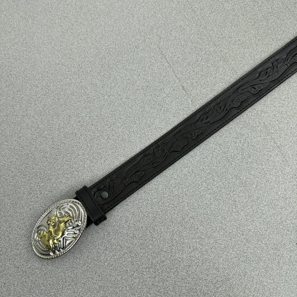Nocona Belt Kids 24 Black Western Bull Rider Buckle Floral Embossed Leather